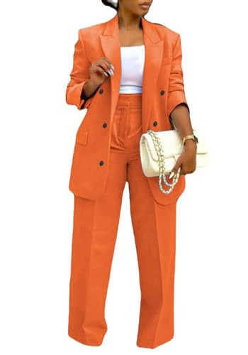 LROSEY 2 Piece Outfits for Women Dressy Double Breasted Blazer Jackets High Waisted Wide Leg Pants Suits Set Casual Business Orange | Amazon (US)