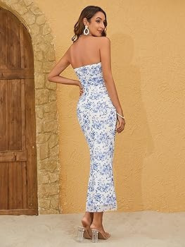 Milumia Women's Summer Maxi Dress Disty Floral Long Strapless Dresses Vacation Blue and White | Amazon (US)