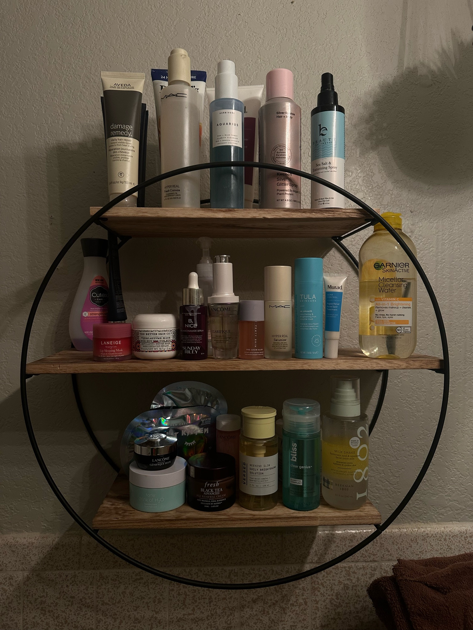 What is on my skincare shelf in my bathroom-

• bathroom shelf is from amazon
• cleanser herbivore botanicals 
• cleansing oil Mac cosmetics 
• Micellar water helps remove makeup
• trying new timers and I am liking Versed brightening toner
• serum Sunday Riley and Lancôme 
• mask Tula and Laneige 
• moisturizer fresh beauty black tea
• eye cream Lancôme 
• eye patches I Dew Care
• random Fenty Beauty glow serum
• glitter spray from Eva NYC

#LTKbeauty #LTKstyletip #LTKhome