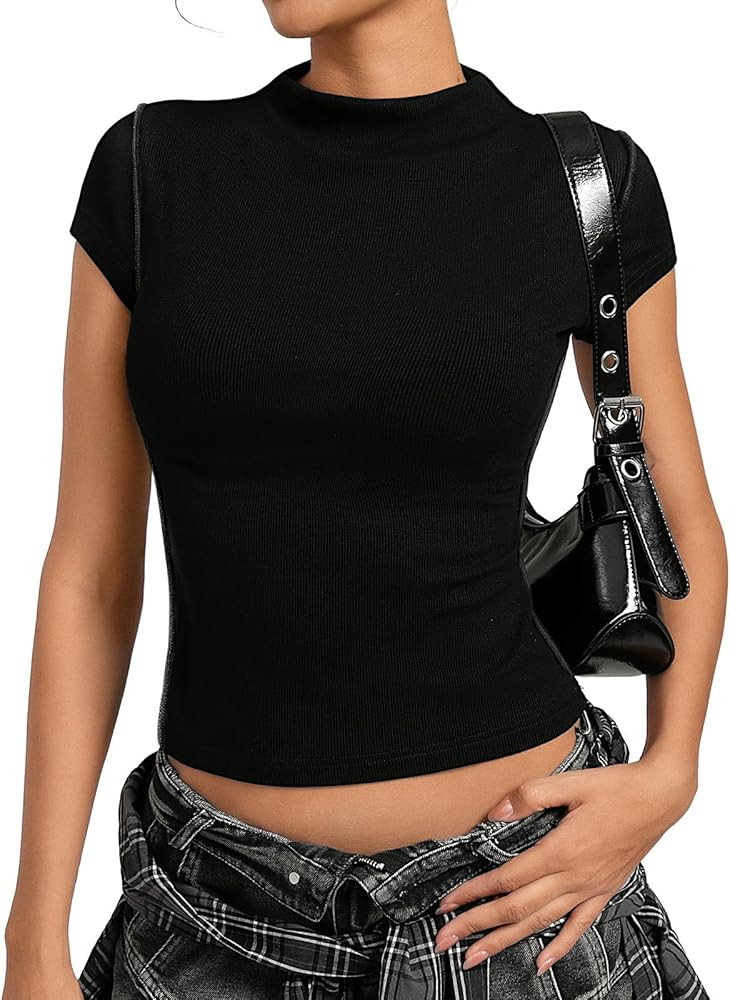 Kate Kasin Womens Ribbed Crop Top, Mock Neck Cap Sleeve Shirt with Raw Seam, Super Soft Stretchy ... | Amazon (US)