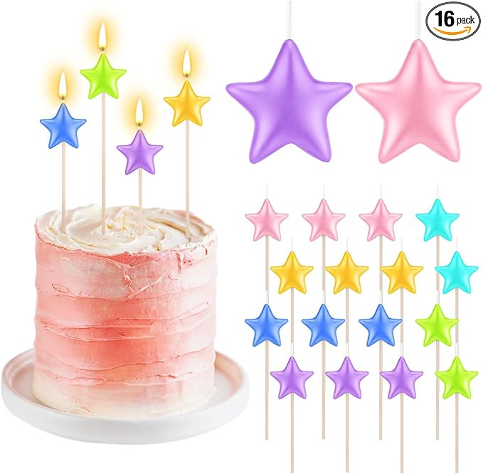 16 Pack Star Candles for Cake Birthday Star Shaped Sparkler Candles Stereo Cake Topper Decoration... | Amazon (US)