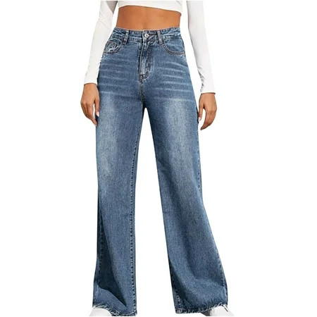 YYDGH Women s Wide Leg Jeans Baggy High Waist Boyfriend Straight Casual Loose Denim Pants Y2K Streetwear Pants Blue XL | Walmart (US)