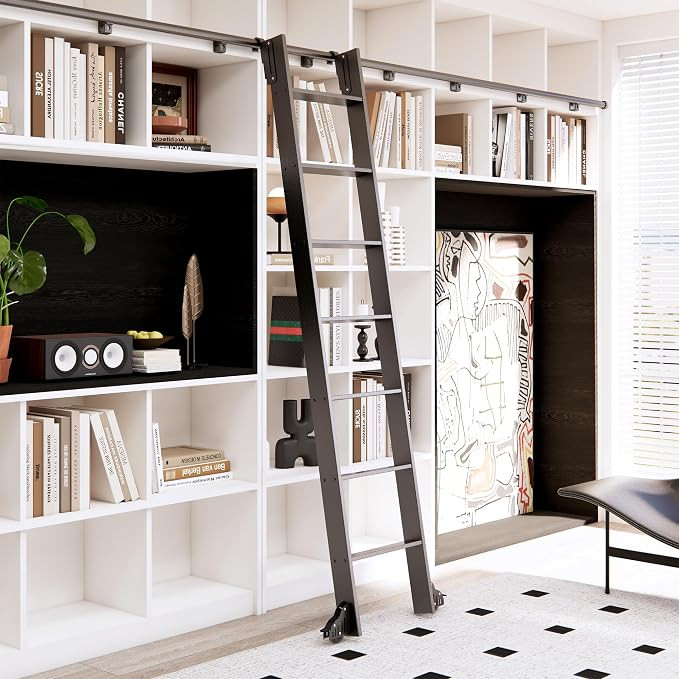 87" Black Sliding Library Ladder with 4FT Hook Track – Lightweight Aluminum Rolling Ladder with... | Amazon (US)