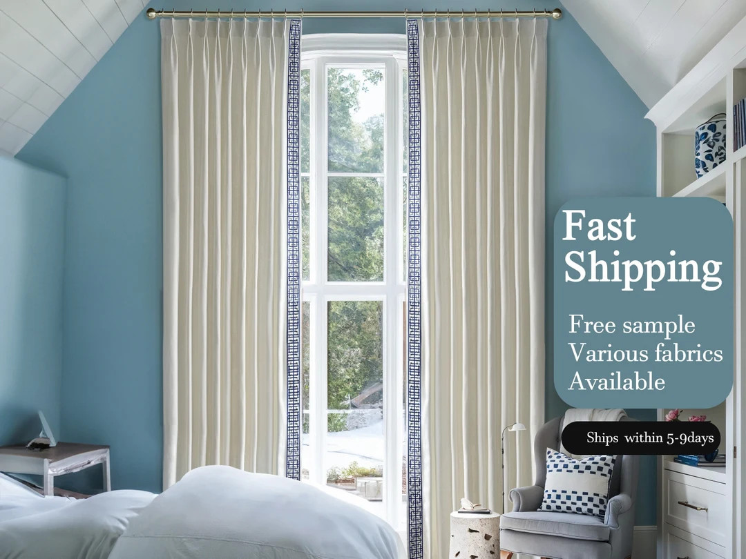 White Cotton Linen Curtain Panels,Pleated Curtains With Blue Trim,Linen Curtain Panels,Home Decor | Etsy (US)