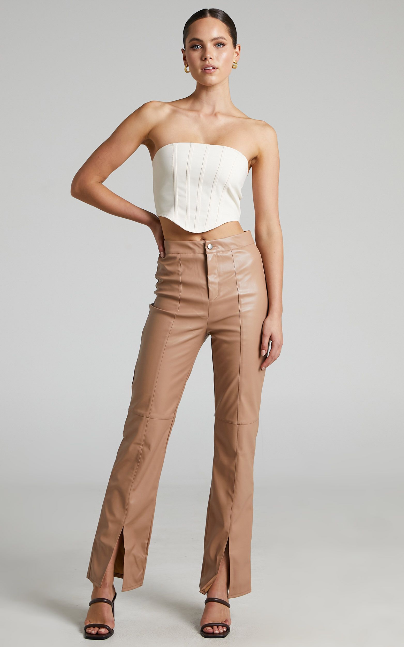 Evanthe High Waisted Split Front Faux Leather Trousers in Beige | Showpo (US, UK & Europe)