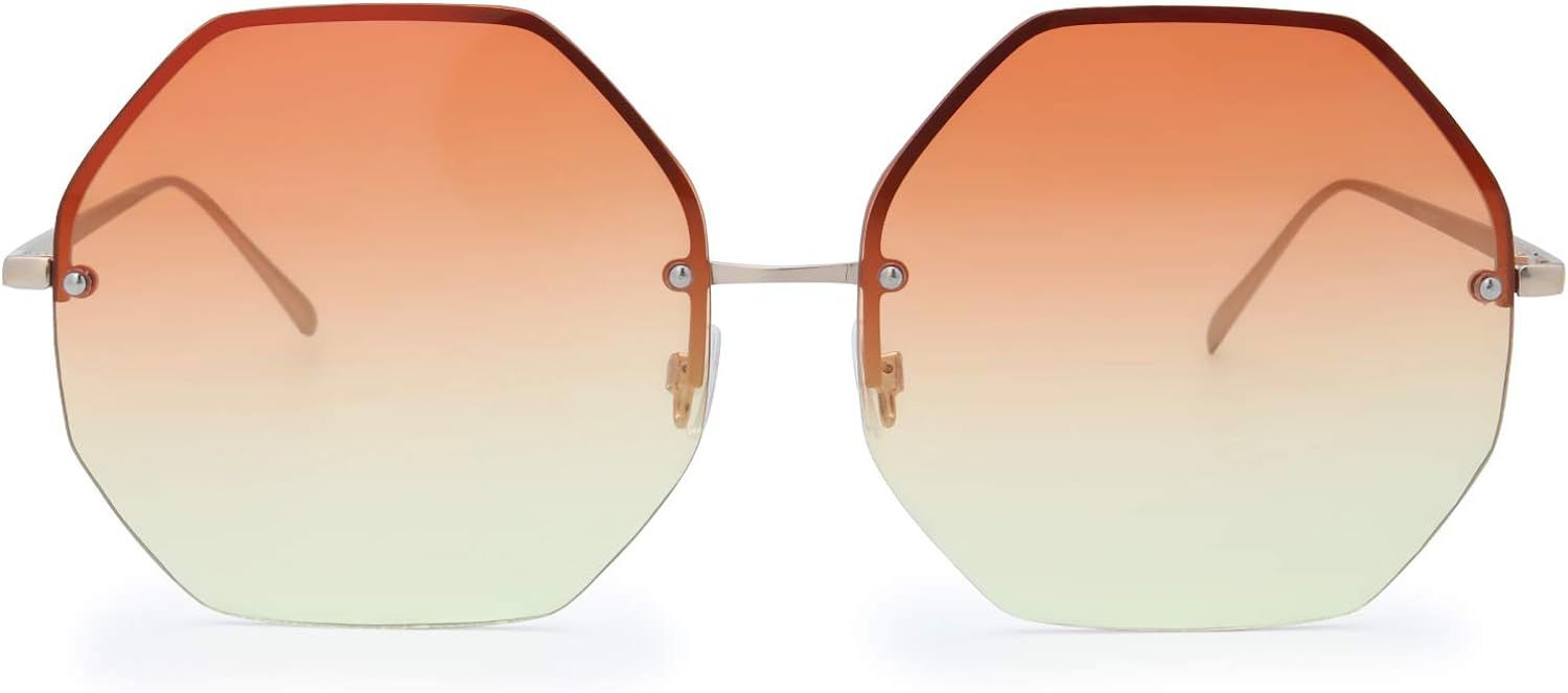 The Fresh Fashion Designer Huge Hexagon Metal frame Ocean Colored Lens Sunglasses Gift Box | Amazon (US)