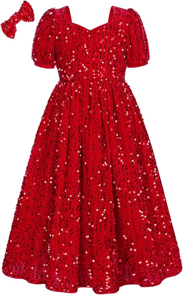 GRACE KARIN Girls Sequin Dress Short Sleeve Sparkly Princess Party Maxi Dress 5-12Y | Amazon (US)