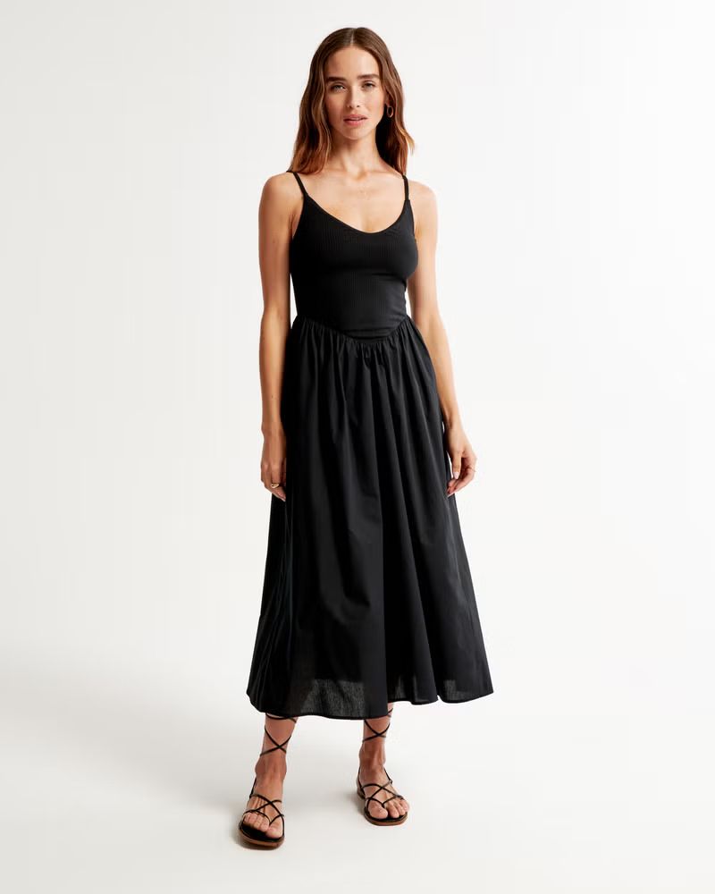 Mixed Fabric Drop-Waist Midi Dress | Abercrombie & Fitch (US)