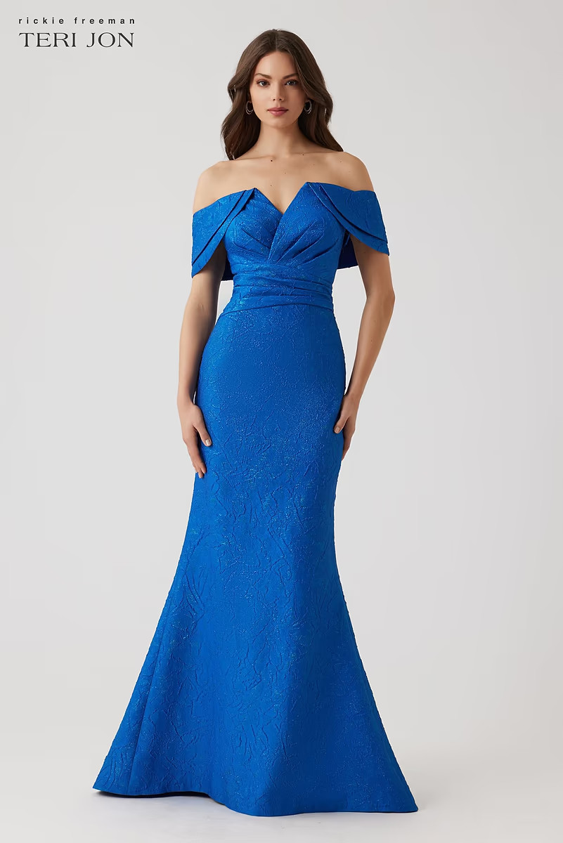 Metallic Jacquard Off The Shoulder Portrait Gown | TERI JON