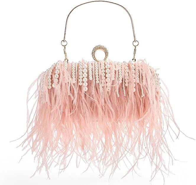 BABEYOND Women's Ostrich Feather Clutch - Pearl Evening Bag Shoulder Dress Handbag Purse for 1920... | Amazon (US)