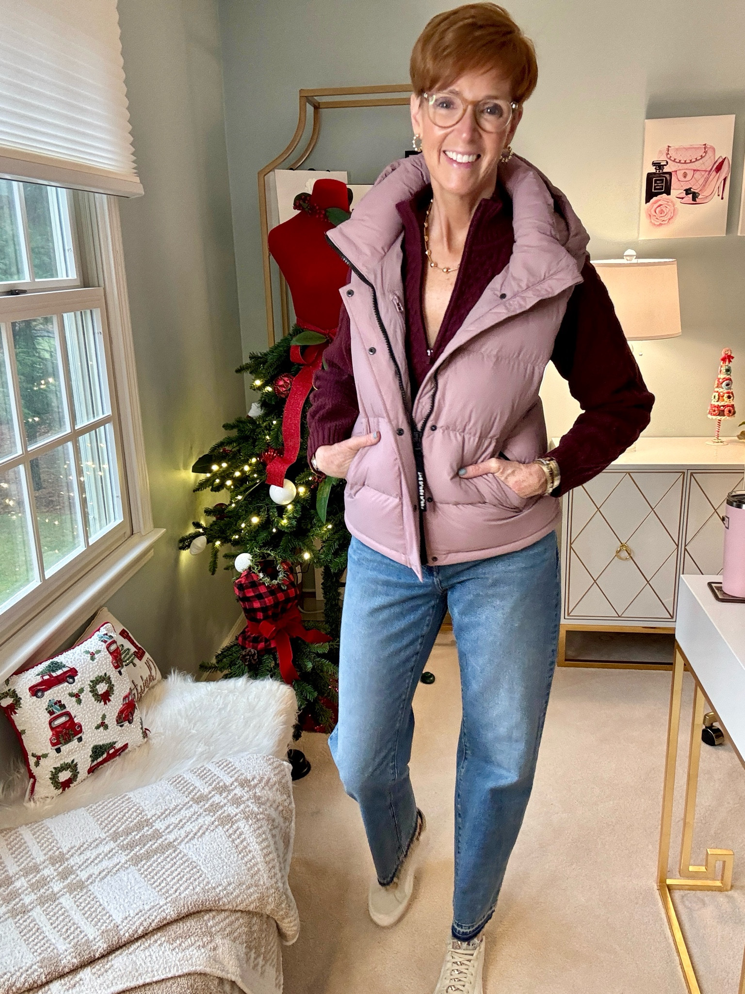 Aritzia super puff vest size medium
Aritzia sweater size medium
Madewell jeans size 29

Hi! For reference, I am 55 years old, I am 6’1”. I have a 35” inseam. I wear a small or medium in most tops, an 8 or a 10 in most bottoms, an 8 in most dresses, and a size 9 shoe. 

Be sure to download the LTK app, follow my LTK shop, and favorite this post or your favorite items to get notified when they go on sale!

Over 50 fashion, tall fashion, workwear, everyday outfits, timeless outfits, Classic Outfits

Holiday party outfit, holiday dress, winter outfit, travel outfit, gift guide, gift guide for her, gift guide for him, stocking stuffers, Christmas decor, Christmas tree, leopard jeans, ballet flats, gift guides, wedding guest, vacation outfit, travel essentials, organization

#LTKStyleTip #LTKOver40