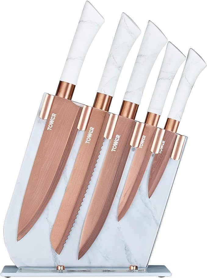 Tower Kitchen Knife Set with Acrylic Knife Block, Stainless Steel with Soft Touch Handles, White ... | Amazon (US)
