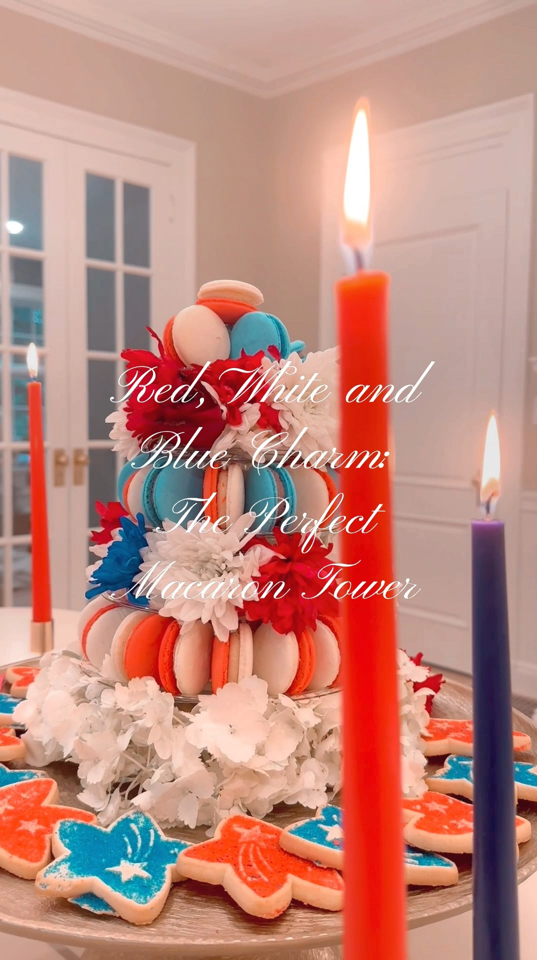 Here’s my grand finale for the 4th of July: a breathtaking patriotic macaron tower! There’s something magical about creating these towers—macarons are simply divine, aren't they? And these beauties, in the vibrant colors of our flag, are just perfect for the occasion. 

I incorporated the flag's colors into the floral tiers as well. It's quite simple: just a bit of chicken wire to hold the stems in place. The tower itself rests on a large gold pedestal, adding that touch of regality we all adore. Framed with candles, it’s an absolute showstopper! 
Until next time, stay sparkly and fabulous! ✨

#LTKVideo #LTKParties #LTKSeasonal