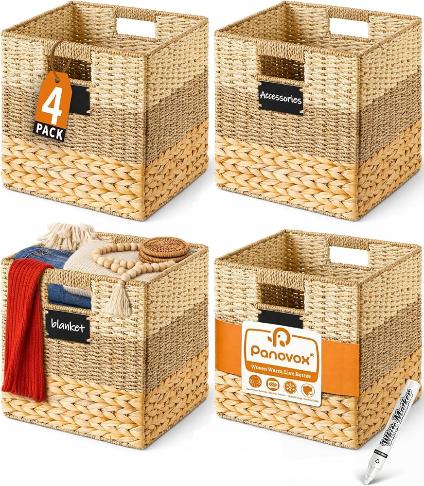 Storage Basket, 10.5x10.5x10.5 Inch Storage Cubes, Water Hyacinth Wicker Basket for Storage, Hand... | Amazon (US)