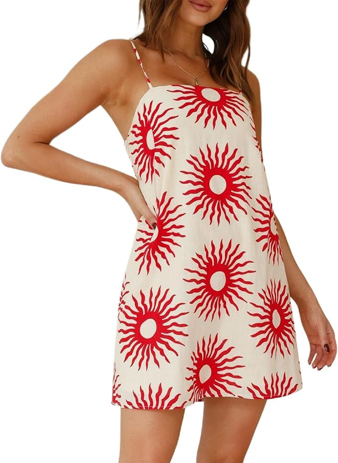 Women Boho Mini Cami Dress Graffiti Spaghetti Strap Aline Fruit Dress Cute Colofrul Short Beach S... | Amazon (US)