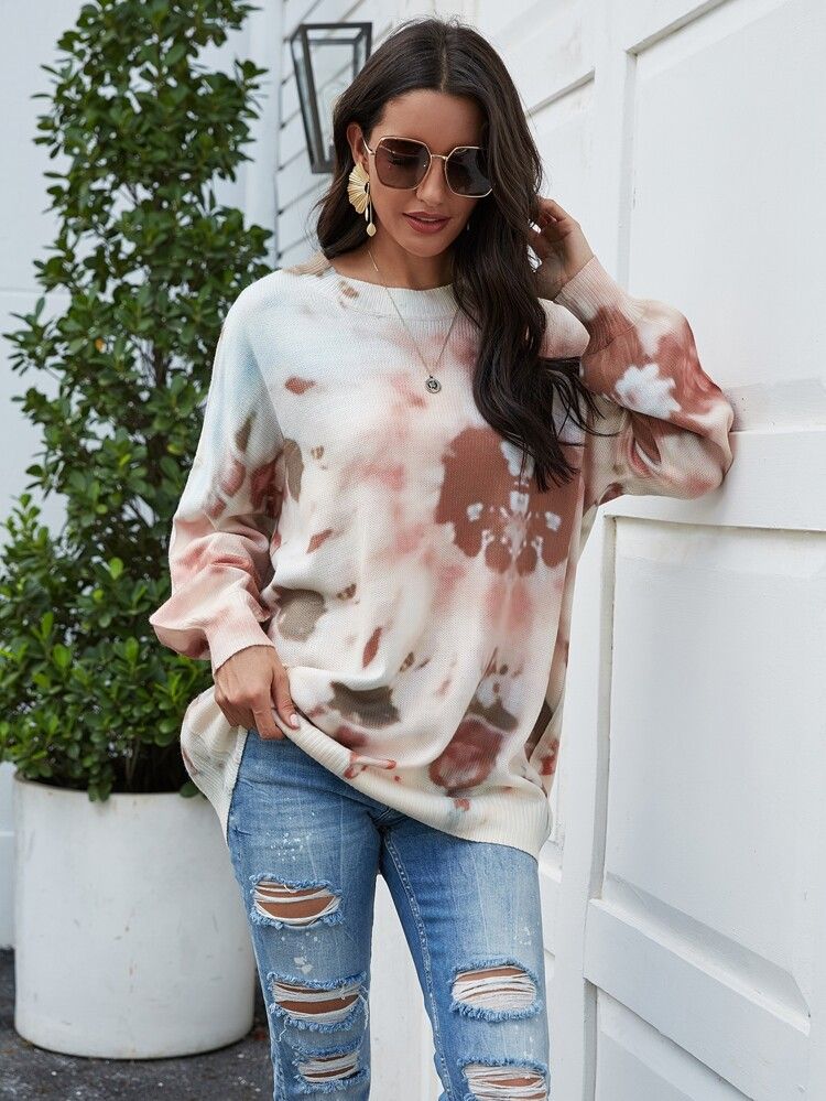 Tie Dye Lantern Sleeve Oversized Sweater | SHEIN