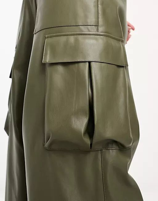 Miss Selfridge faux leather baggy cargo pants in khaki | ASOS (Global)