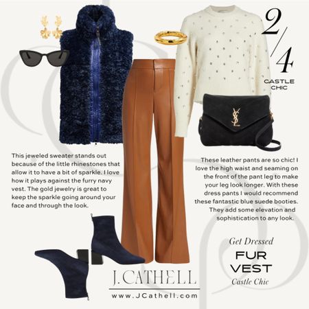 Completely chic is what this is with interesting pieces like this embellished sweater, leather pants and navy booties that pick up the color in the vest.

#LTKstyletip #LTKshoecrush #LTKitbag
