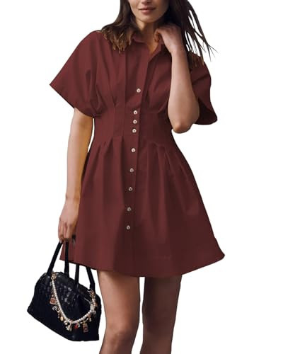 Shy Velvet Women’s Mini Shirt Dress Casual Button Down Short Sleeve Collared Summer Dresses Burgundy | Amazon (US)