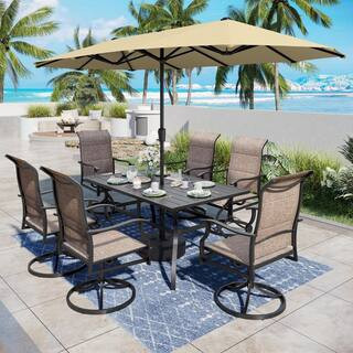 8-Piece Metal Outdoor Patio Dining Set with 6-Padded Textilene Swivel Chairs and Umbrella | The Home Depot