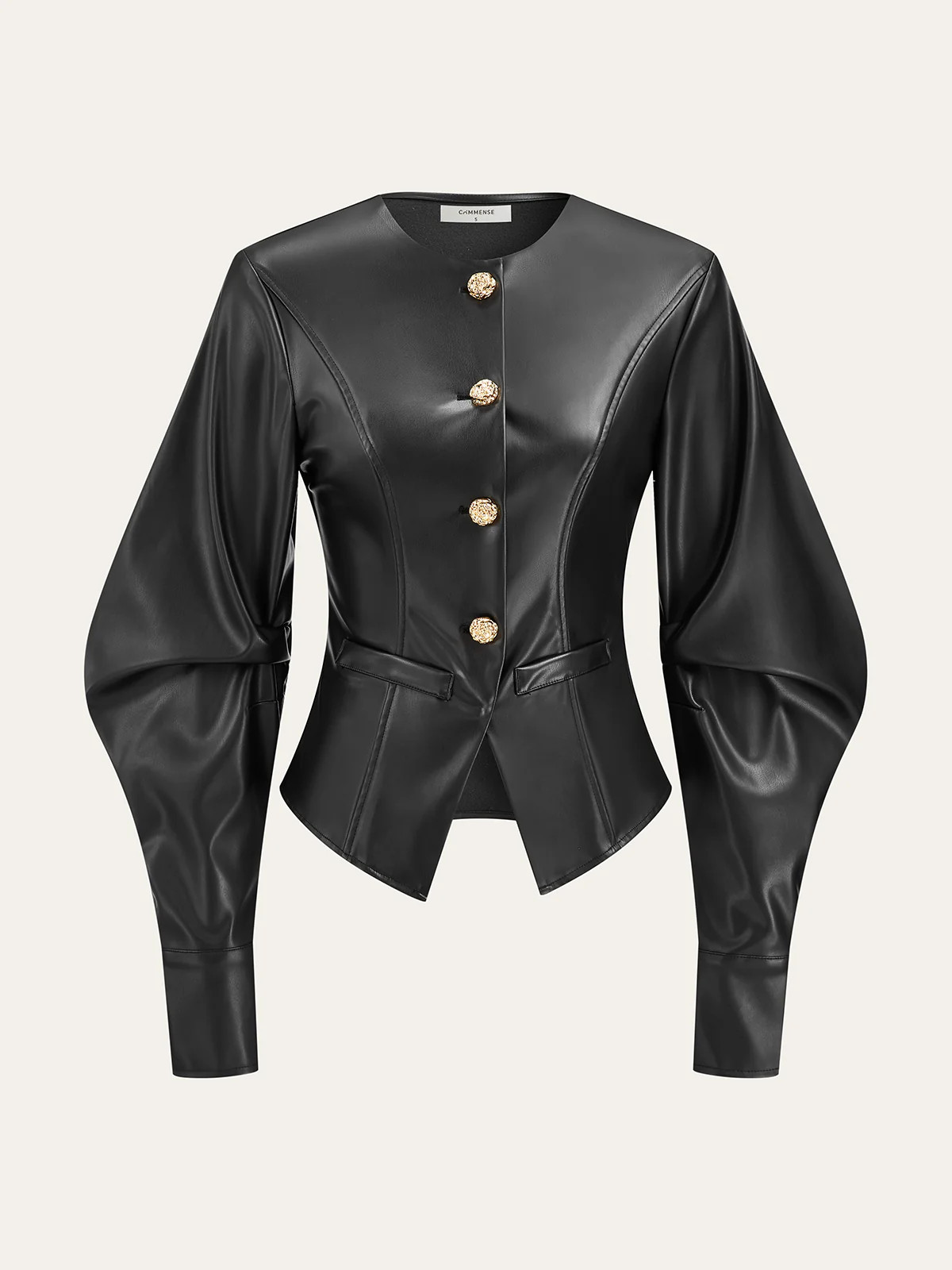 Metal Button Puffed Sleeve PU Leather Jacket | Commense