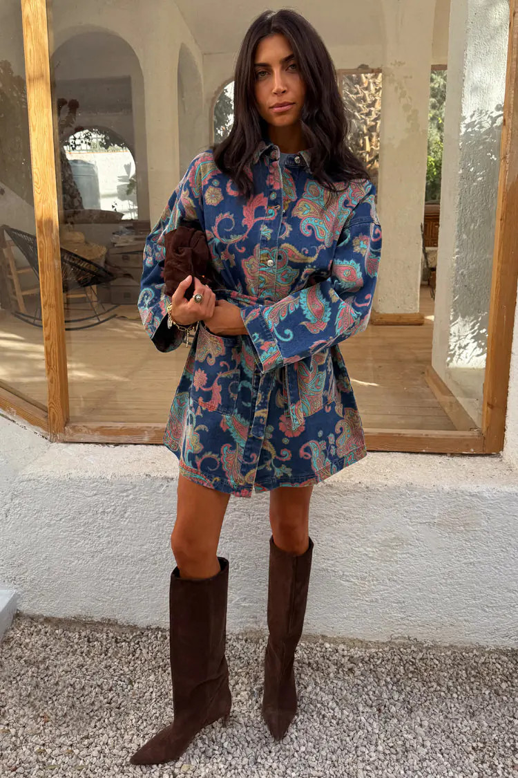 Denim Paisley Belted Shacket | Never Fully Dressed US