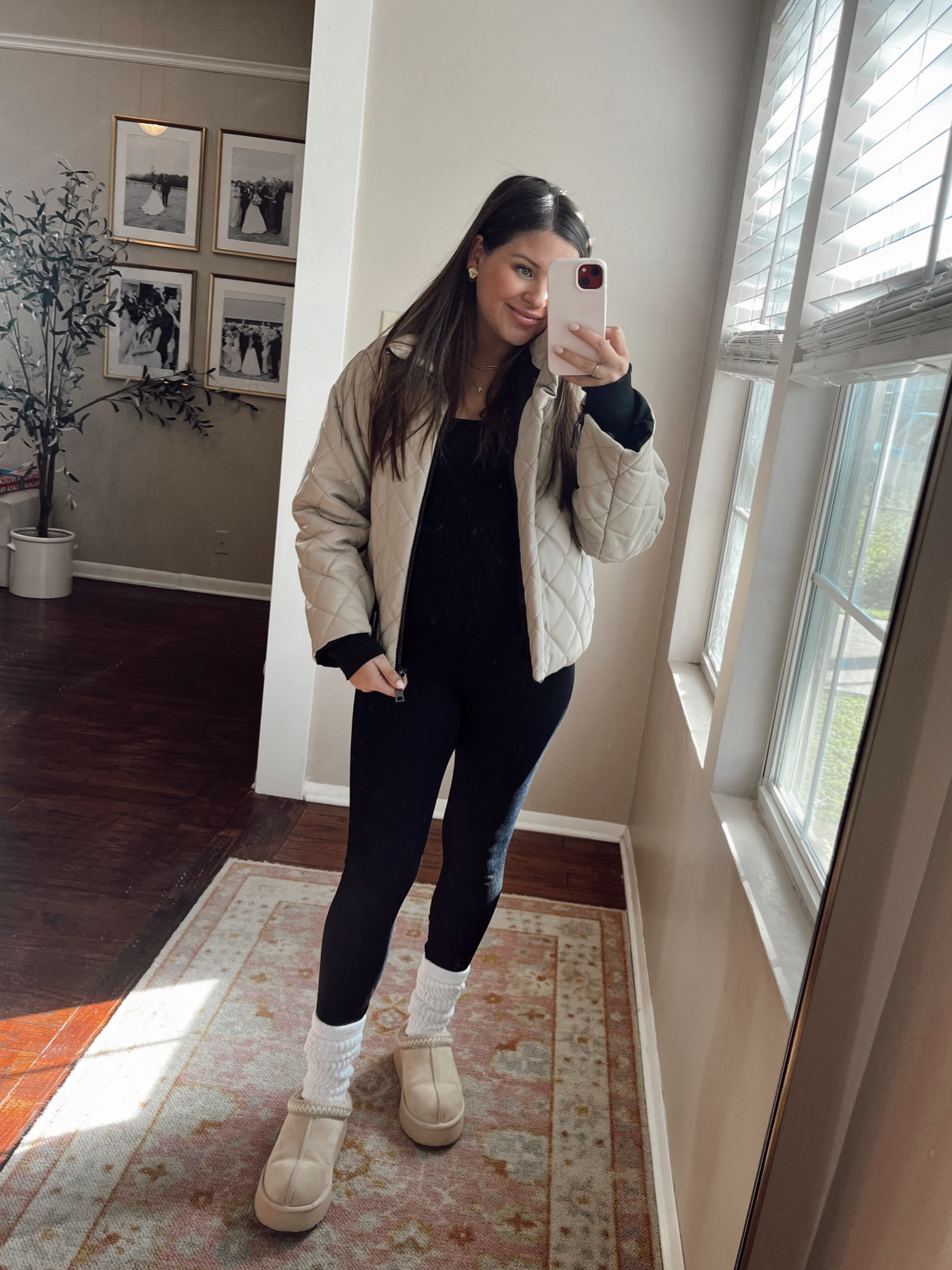 Comfy cozy ootd. Wearing the jumpsuit in a size small. The jacket is last season and I can only find one on Amazon but I have tagged other quilted jackets that would look great with the outfit! 

Ribbed jumpsuit, unitard, black bodysuit, Steve Madden, long socks, winter outfit, Uggs dupe, tazz slippers, gold statement earrings. Bump friendly, pregnancy, maternity style, third trimester. Quilted jacket. Maternity.

#LTKbump #LTKfindsunder50 #LTKstyletip