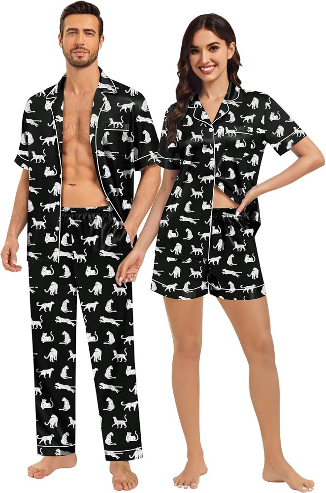 SWOMOG Matching Pajamas for Couples Satin Short Sleeve Sleepwear Women/Men Silk Soft Button Down ... | Amazon (US)