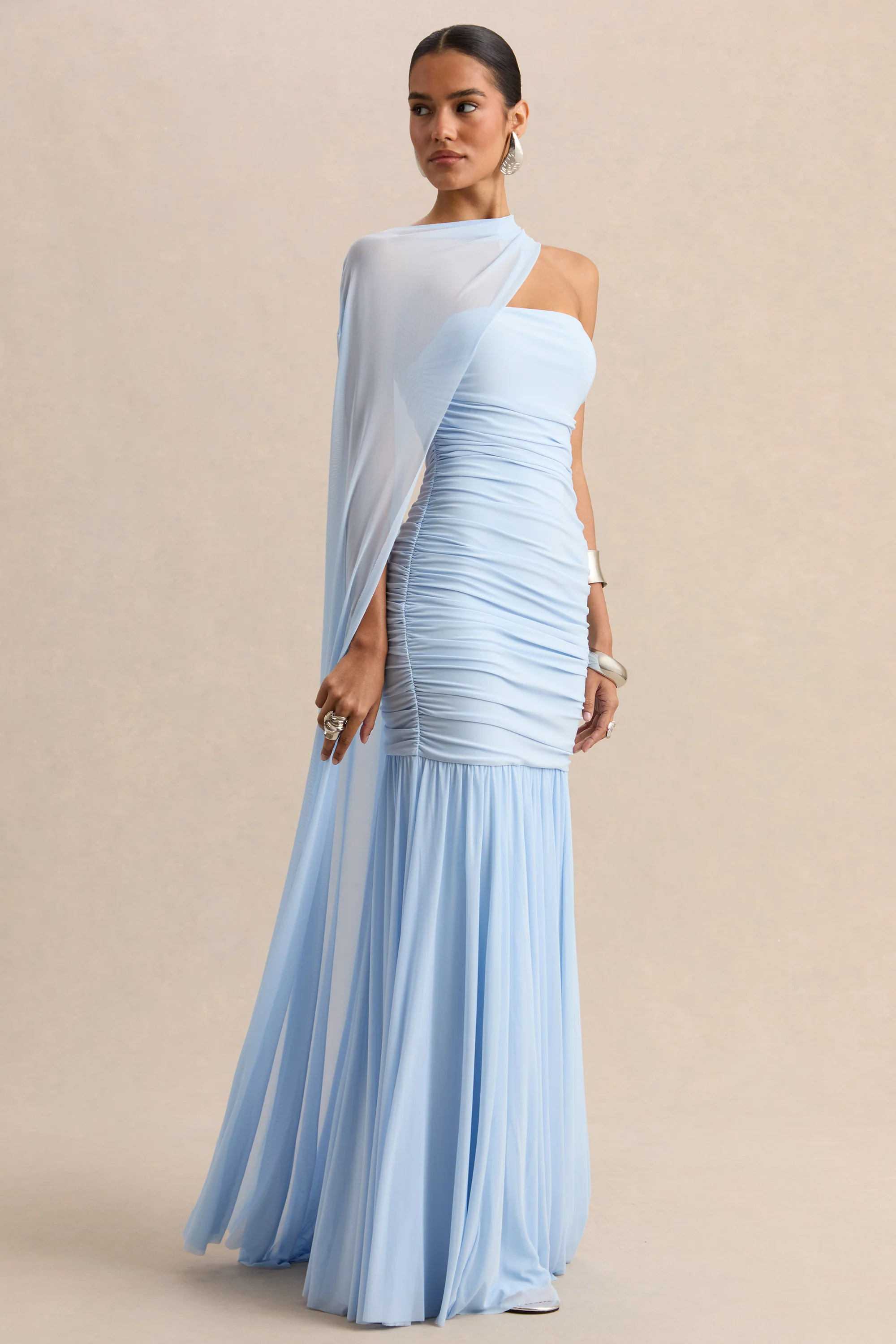 Ivanka | Powder Blue Asymmetric-Neck Maxi Dress With Cape Sleeve | Club L London