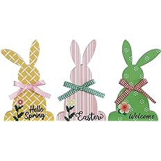 Easter Decorations, DECSPAS 3 PCS Pink Yellow Green Wood Easter Bunny Block Set Easter Decor, Bow... | Amazon (US)