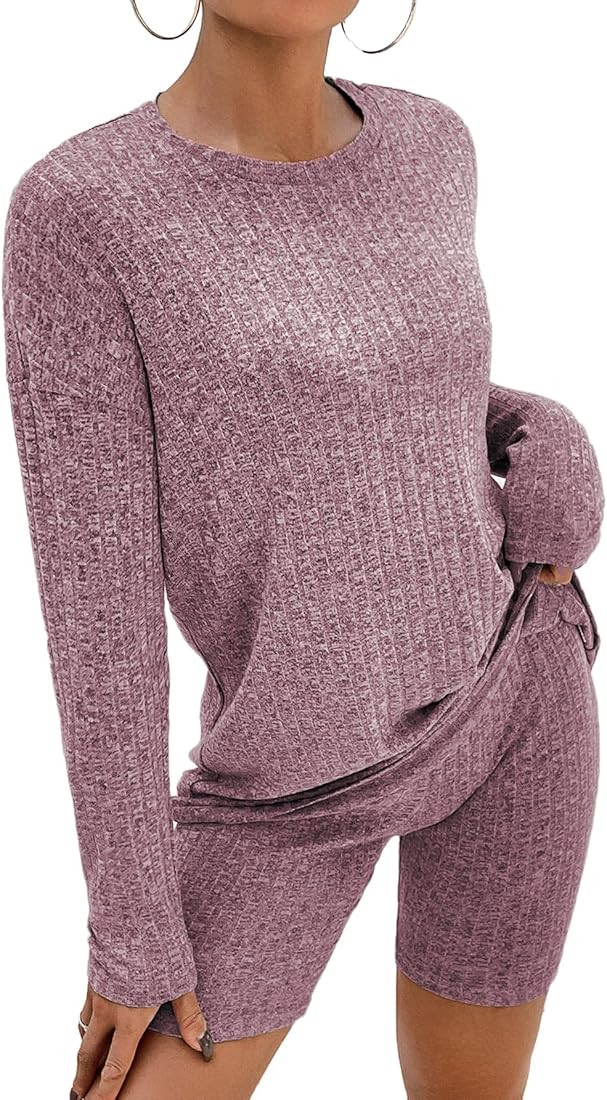 Ekouaer Pajamas 2 Piece Lounge Sets Ribbed Knit Matching Outfits T-shirt Biker Shorts Sleepwear Loun | Amazon (US)