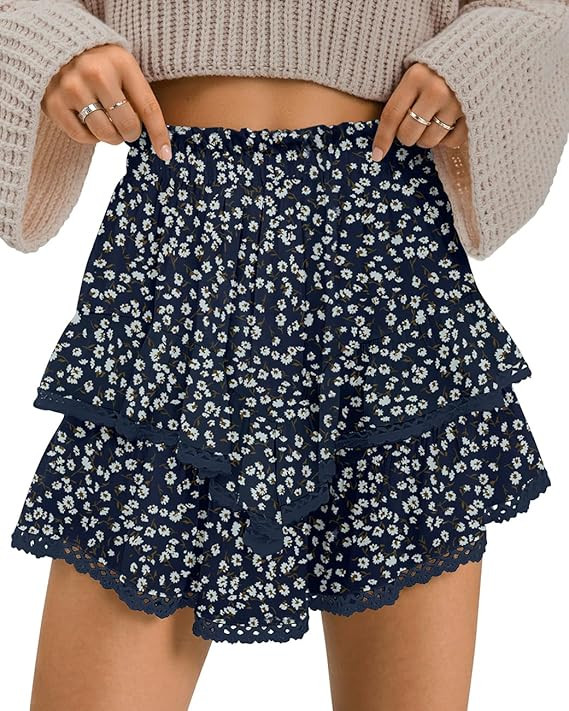 TARSE Womens Flowy Shorts High Waist Pleated Mini Skirts Casual Boho Ruffle Tiered Skorts Cute Ve... | Amazon (US)