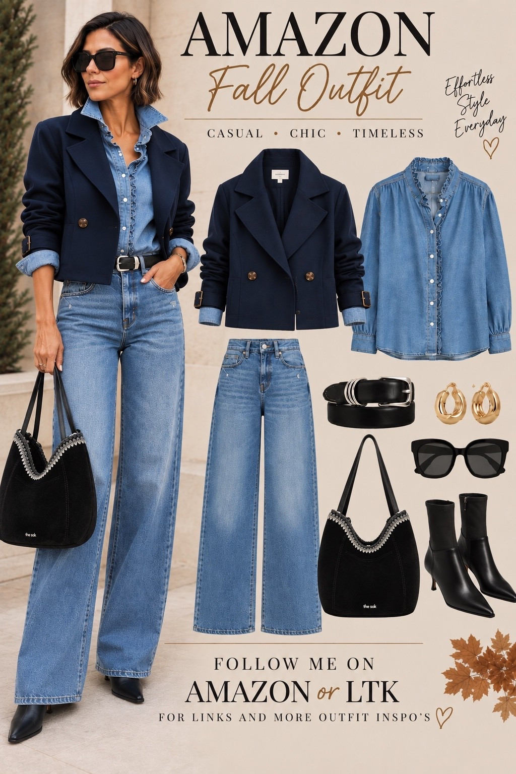 A cropped navy trench might be one of my favorite ways to elevate denim for fall. 🍂 I love it layered over a feminine denim shirt with wide-leg jeans, a black belt and sleek black accessories. Classic, effortless and just a little unexpected—the kind of outfit that feels current without being overly trendy.
#AmazonFashion #AmazonFinds #FallOutfitInspo #FallStyle #CroppedTrench #ClassicStyle #ElevatedCasual #Over40Style #Over50Style