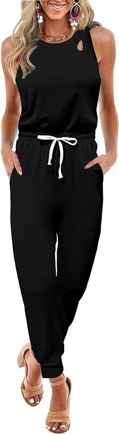 KIRUNDO Jumpsuits for Women Casual Summer 2024 Cutout Sleeveless Crewneck Drawstring Waist Long P... | Amazon (US)