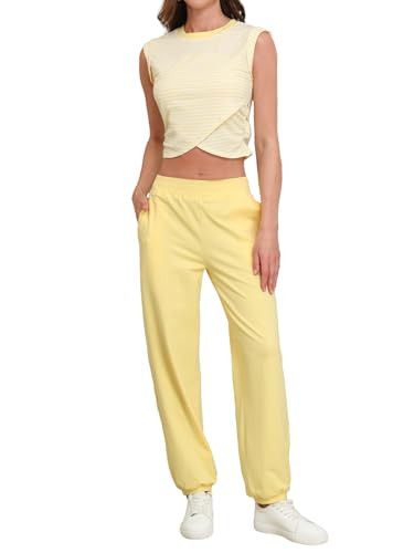Outfeel Women 2 Piece Outfit Set Loungewear Cropped Tops and Jogger Sweatpant Matching Set Coordinated Sweatsuit with Pockets Stripe Yellow X-Large | Amazon (US)