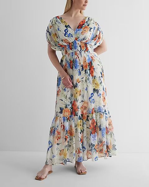 Floral Draped Sleeve Pleated Maxi Dress | Express