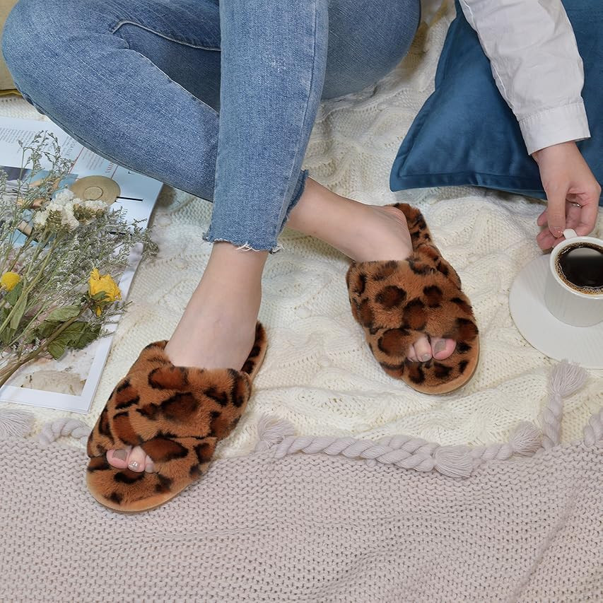 Amazon.com | Women's Cross Band Slippers Soft Plush Furry Cozy Open Toe House Shoes Indoor Outdoo... | Amazon (US)