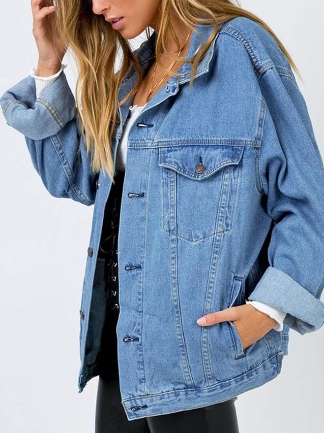 Justalwart Oversized Denim Jacket for Women Long Sleeve Classic Loose Jean Trucker Jacket | Amazon (US)