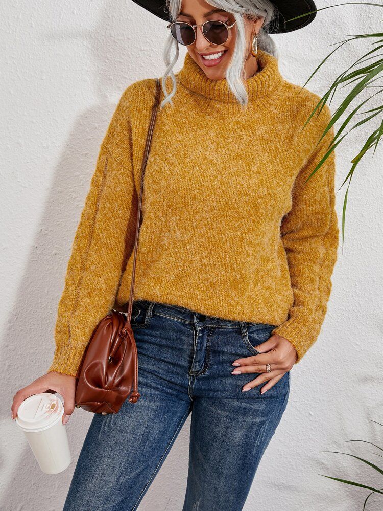Turtle Neck Drop Shoulder Cable Knit Sweater | SHEIN