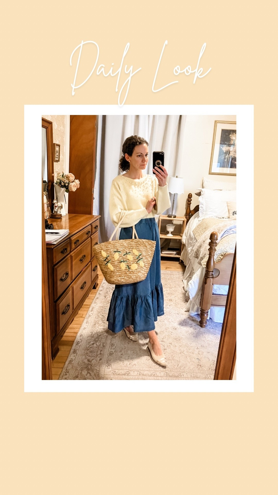 A butter yellow and blue spring outfit!
Buttery yellow pearl sweater from Chicwish. 
Denim ruffle skirt from Amazon. 
Large faux pearl earrings from Kate Spade. 
Lemon raffia bag from Chicwish. 
Nude pointed toe flags from Vivaia. 
Petite outfit. Spring outfit. Preppy outfit. Modest outfit. Colorful outfit  

#LTKootd #LTKdayinmylife #LTKgrwm