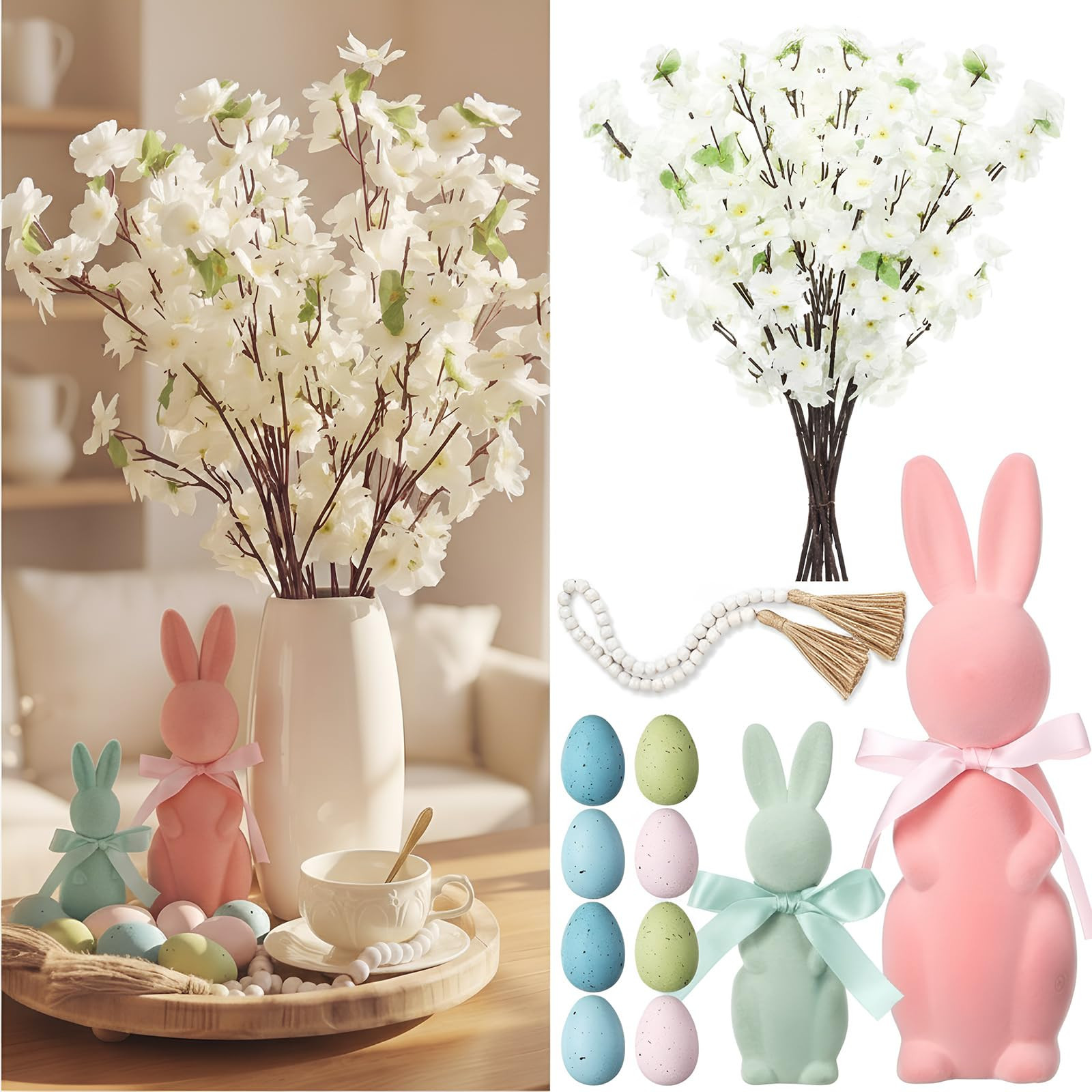 Civaner 29 Pcs Easter Table Centerpiece Spring Tray Decoration Includes 2 Flocked Bunnies, 16 Pas... | Amazon (US)