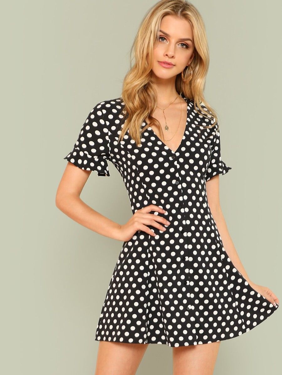 Polka Dot Button Up Tie Waist Shirt Dress BLACK | SHEIN