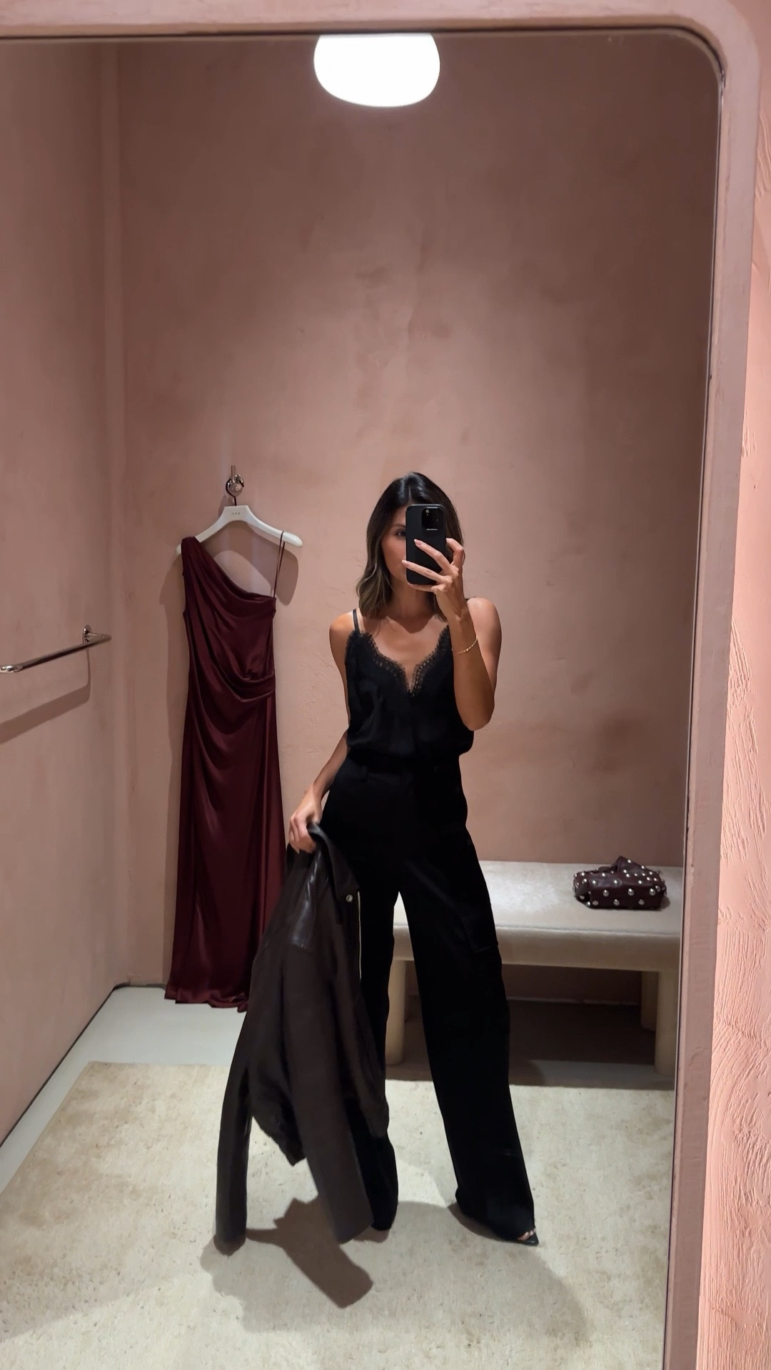 Love this Bordeaux Leather Jacket styled with these black trousers and lace top. 