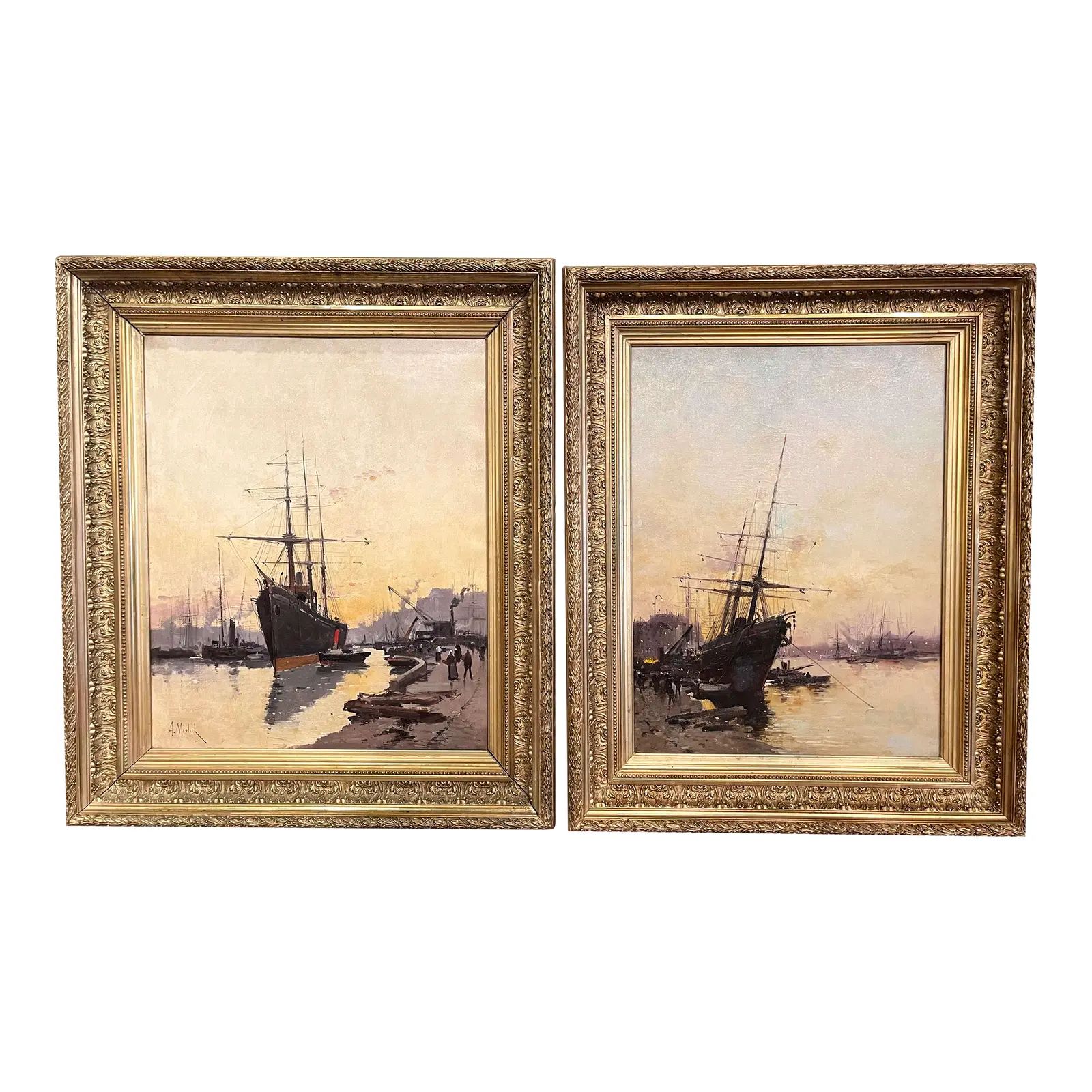 Pair of 19th Century Sailboat Oil Paintings Signed a Michel for E. Galien-Laloue | Chairish