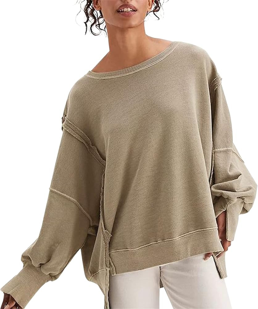 MISSACTIVER Women’s Oversized Contrast Patchwork Sweatshirt Casual Side Split High Low Hem Boyf... | Amazon (US)