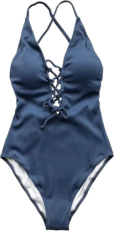 CUPSHE Women's Solid Color V neck Lace Up One Piece Swimsuit | Amazon (US)