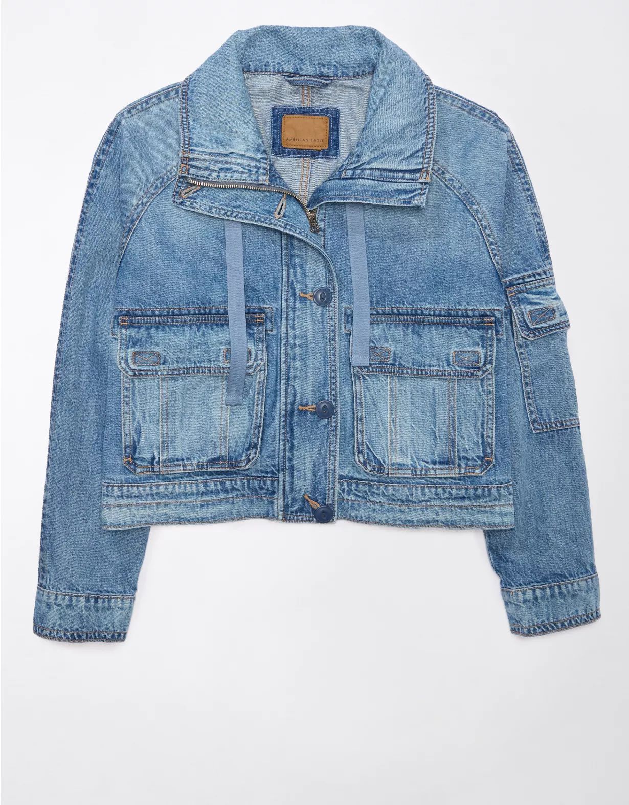 AE Dreamy Drape Stretch Cargo Cropped Denim Jacket | American Eagle Outfitters (US & CA)