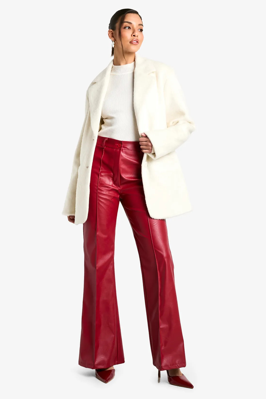 Leather Look High Waisted Seam Front Flared Trousers | boohoo (US & Canada)