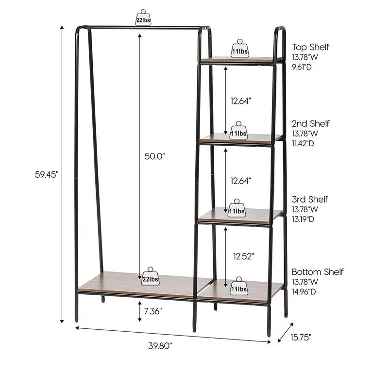 Metal Garment Rack Home Storage Rack Hanging Clothing Bar with Multi Wooden Shelves 60" x 40" | Walmart (US)