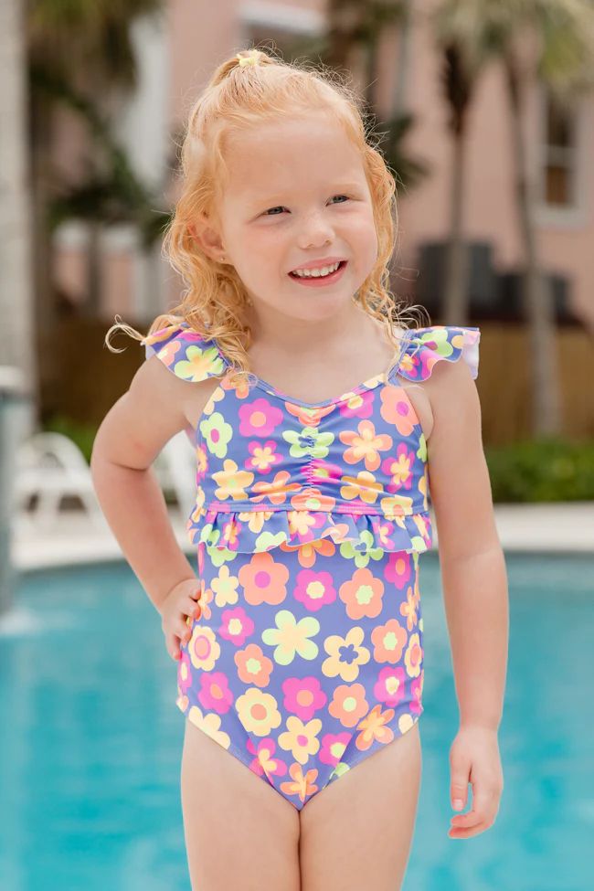 Kid's Beach Vibes Only Purple Retro Floral One Piece Swimsuit | Pink Lily